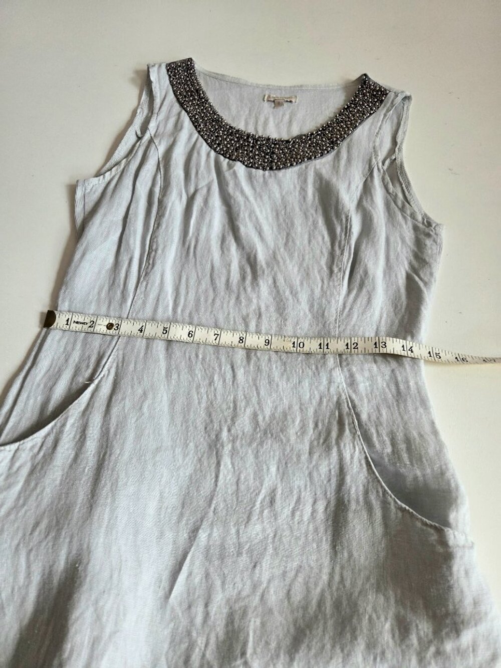 Lina Tomei Italian 100% Linen Light Grey Shift Dress Beaded Scoop Neck - Picture 7 of 11